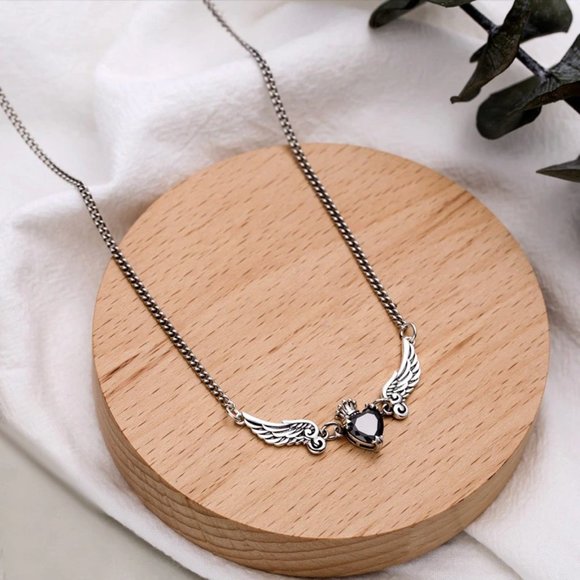 Jewelry - NEW Silver Angel Wings Heart Black Zircon Necklace